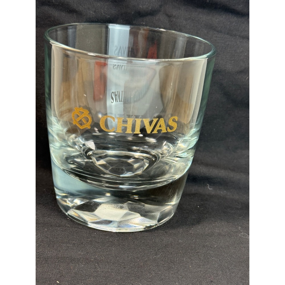 Chivas Regal Whiskey Rocks Glass Gold Logo Faceted Diamond Cut Weighted Base